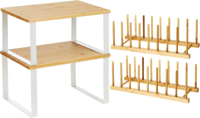 Marsui 4 Pcs Kitchen Organizer Accessories Set Cabinet Organizer Shelf and Bamboo Dish Drying Plate Rack Counter Shelves Storage Holder for Spice Rack, Dish, Pot Lid, Bowl, Cup(Wooden Color) - Image 1